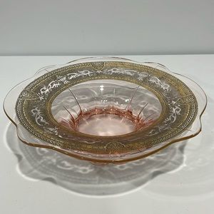 Vintage Pink Depression Glass 12” Bowl Vase With Gold Decor Mid-century Modern